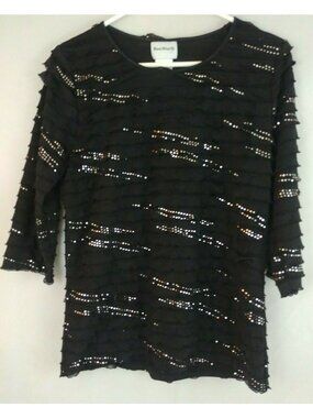 Bon Worth 3/4 Sleeve Black Ruffled Blouse With Embellished Silver Size XS